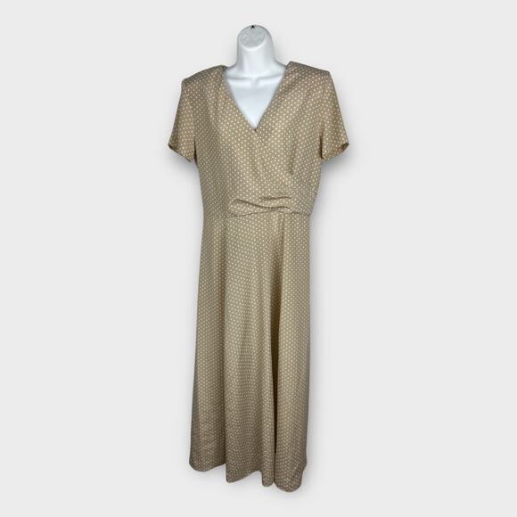 Vintage 80s Classic Tan and White Polka Dot Midi Dress D. J. Summers Size 12 - Picture 1 of 7
